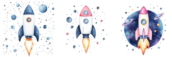 Colorful rockets blast off into space, surrounded by planets and stars, creating a whimsical scene of exploration and adventure. watercolor, clipart, isolated on transparent background.