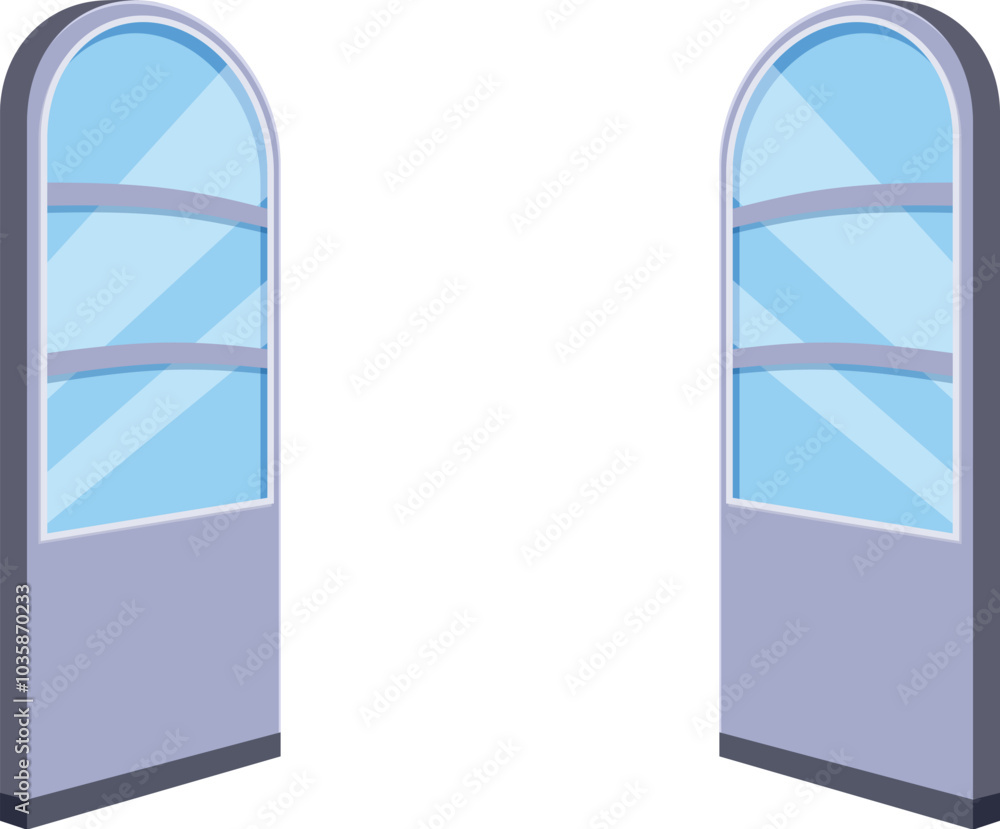 Poster two empty glass showcases with arched tops are standing on each side, perfect for displaying product