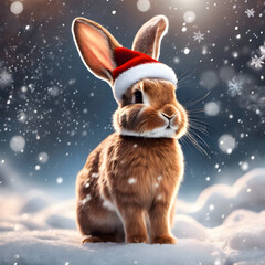 A little brown bunny on Christmas Day stands on a snowy ground, wearing a red Santa hat and a green scarf.