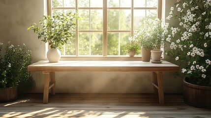 Fototapeta premium white wood table with a large spring window offering ample natural light perfect for showcasing a serene workspace or aesthetic inviting creativity and clarity with an airy feel