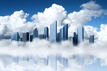 Fototapeta premium A stunning skyline emerging from clouds, reflecting modern architecture against a bright blue sky.
