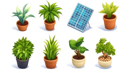 Fototapeta premium Collection of green plants in pots with a solar panel, isolated on a white background.