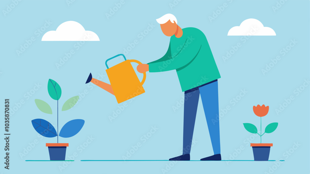 Poster watering can with a long handle an illustration of a senior easily watering plants with an adaptive 