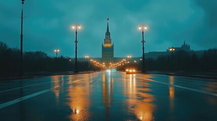 Fototapeta premium View of the Moscow State University main building, an iconic Soviet-era skyscraper.
