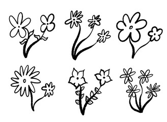 Various hand drawn flower illustrations in black and white, showcasing different petal and stem styles. Ideal for creative projects.
