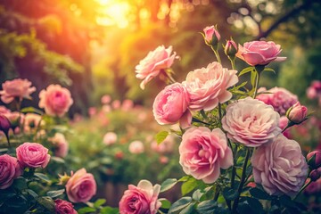 Vintage Style Photography of Pink Roses in a Serene Garden for Floral Lovers and Nature Enthusiasts