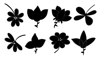 Collection of eight black silhouettes of different flower shapes. These stylized and abstract floral forms are perfect for design.