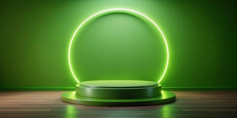 Vintage Style Photography of Modern Green Podium with Neon Circle Light for Product Display in Studio Room