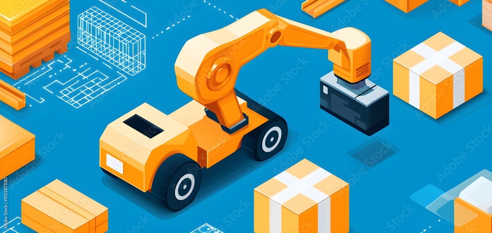 Poster Robotic arm handling packages on a production line, ideal for illustrating automation in logistics.