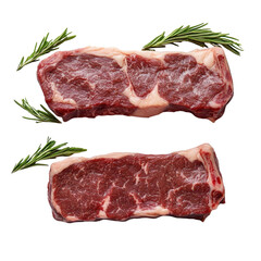 Raw beef steak with rosemary garnish.