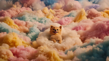 A snarky baby dog sitting with crossed arms, surreal 3D cartoon style, sarcastic expression, floating in a pastel dream world 