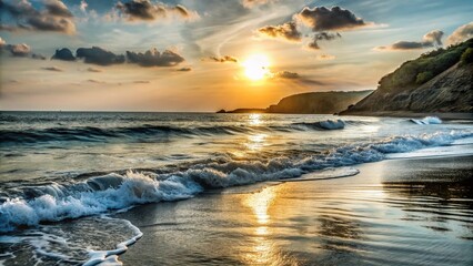 Naklejka premium Vintage Sunset Over Sparkling Ocean Waves - Serene Coastal Beauty