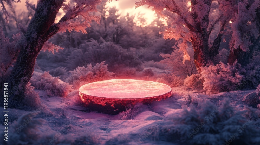 Leinwandbilder in a magical twilight forest, a glowing circular portal rests on the snowy ground, illuminated by so