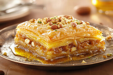 Delicious baklava showcasing layers of puff pastry, nuts and honey syrup in traditional setting