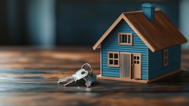 A small blue house model with keys on a wooden surface.