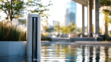 A cutting-edge AI-powered smart water purification system, clean urban setting with advanced filtration technology and real-time water quality monitoring, Environmental style