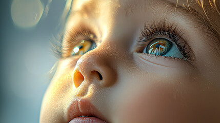 Close-up of a child's face with bright, expressive eyes gazing upwards. The lighting highlights the details of the child's features and expressions.