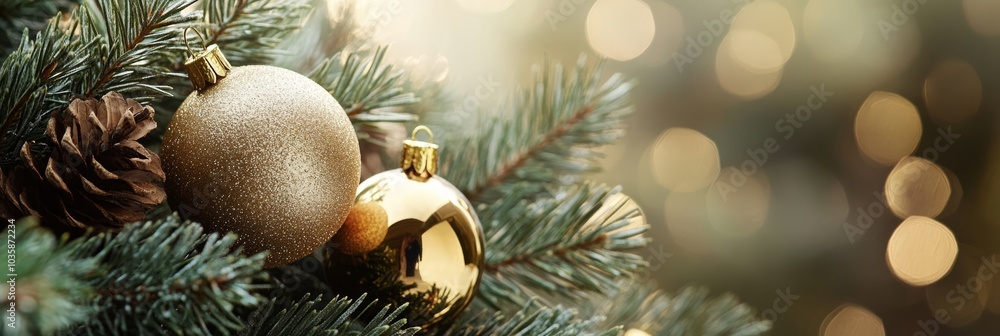 Poster festive christmas tree branch with golden ornaments and soft glowing background.