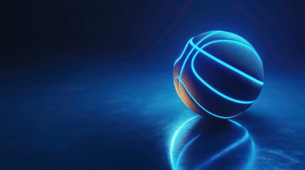 A basketball with glowing blue lines sits on a dark, reflective surface.