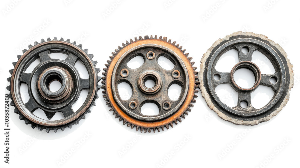 Poster set of three gear wheels isolated on a transparent background generative ai