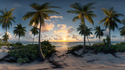 Fototapeta premium 360 HDRI panorama featuring coconut trees along the ocean coast during sunset -