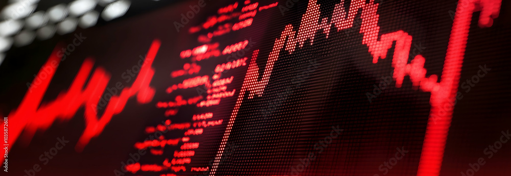 Poster a close-up of a computer screen displaying a sudden stock market crash. -