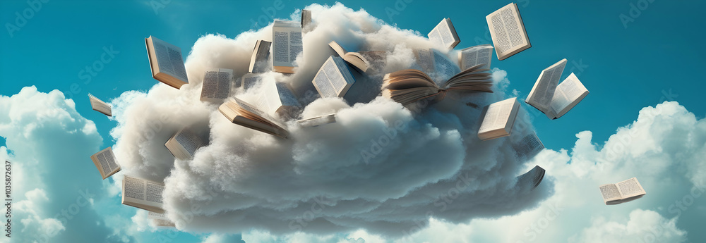 Poster a cloud filled with floating books, representing knowledge and imagination. -