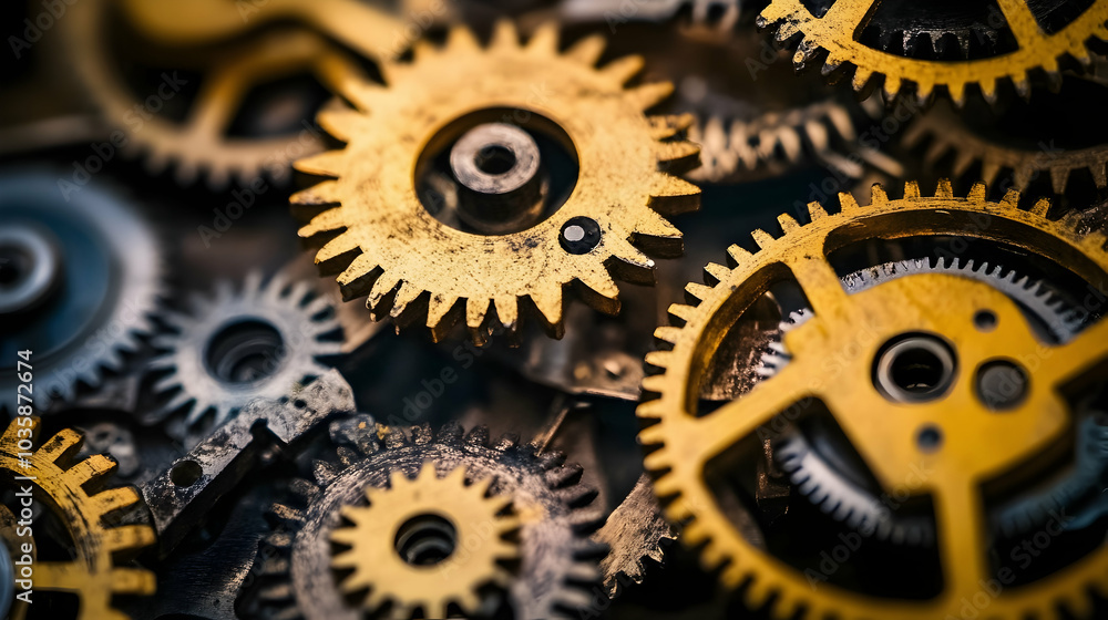 Poster a close-up view of intricate gears interlocking, representing precision in mechanical systems -