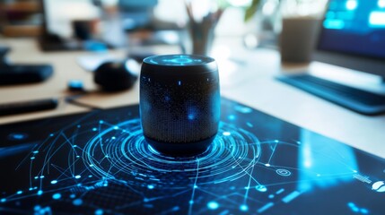 A cutting-edge AI-powered speech recognition device, contemporary workspace with digital interfaces, Innovative style