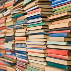 A close-up of stacked books in various colors and sizes.