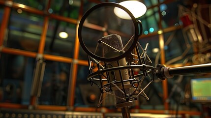 Close-up of microphone on stand in soundproof recording studio, positioned in front of script stand, symbolizing voice acting and audio production.
