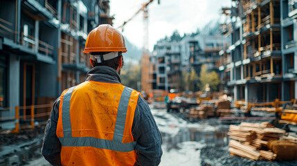 Construction engineer standing with his back and watches at a house building construction. Generative AI