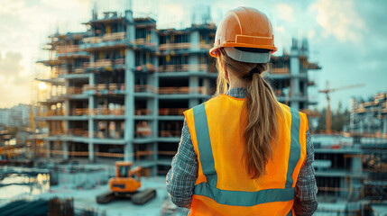 Woman construction engineer standing with his back and watches at a house building construction. Generative AI