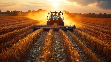 Fototapeta premium A tractor working a field of wheat at sunset, with dust kicking up behind it.