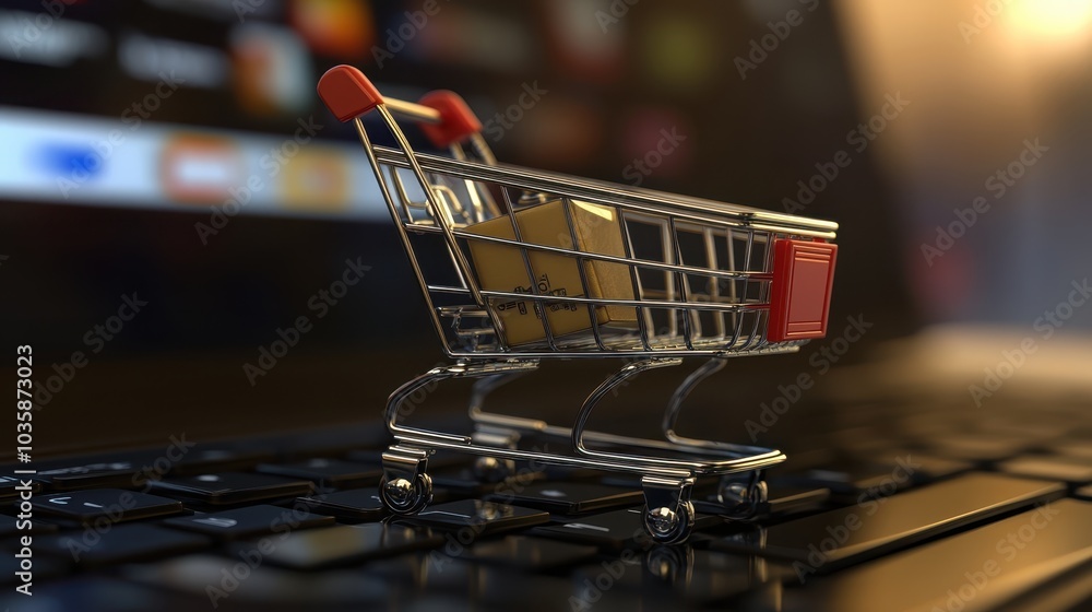 Aufkleber miniature shopping cart with a small package inside, placed on a computer keyboard, symbolizing onli