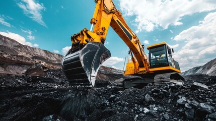 Coal mining in an open pit. Mining excavator loads coal in haul truck in quarry. Excavator digging in an open pit coal mine. Tipper truck hauling minerals from open-pit. Heavy machinery in opencast.