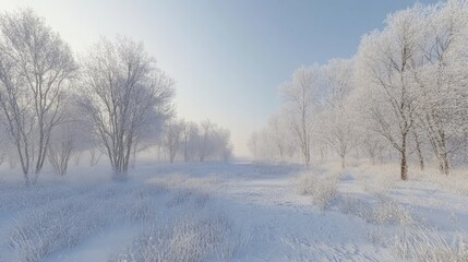 Winter landscape of a snow-covered forest in Siberia, with frost on trees and a bright sky.