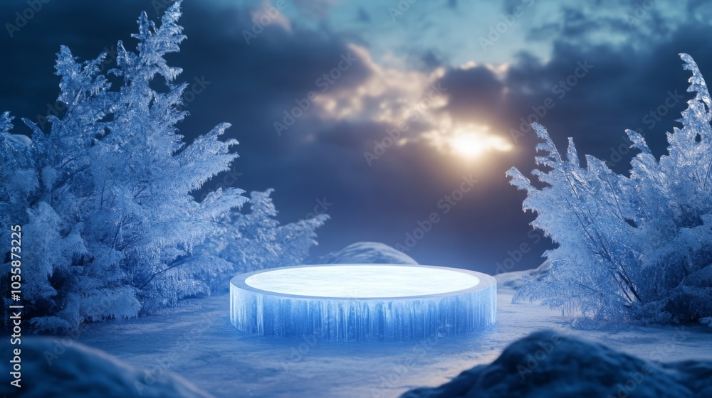 Poster a luminous circular portal of ice stands amidst a snowy terrain, surrounded by frost-covered shrubs,