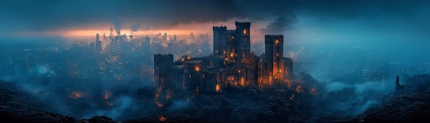 Dramatic Fantasy Landscape with Burning Castle Overlooking City