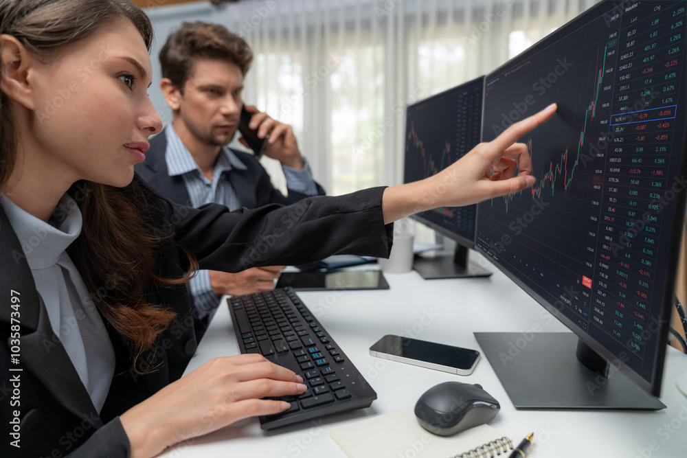 Poster a man broker calling trader businessman to inform high profit point of stock exchange in digital cur