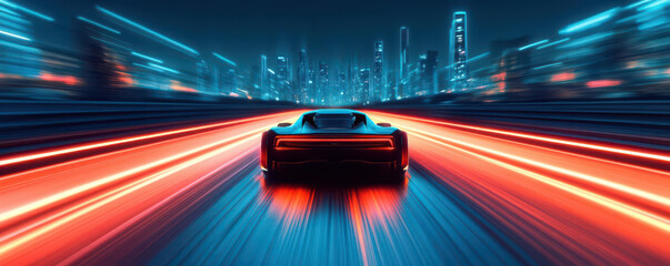 Fototapeta premium A futuristic racing car zooming down a glowing track at night