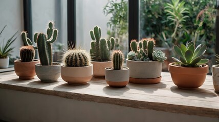A collection of cactus and plant pots with a plant in the middle