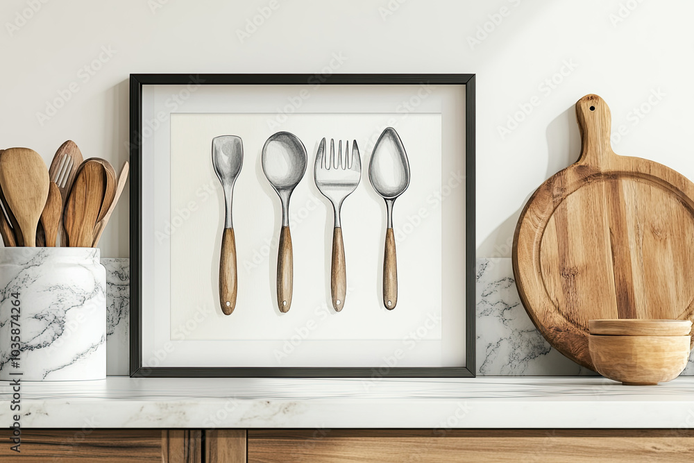 Wall mural A framed drawing of kitchen utensils adorns the wall, featuring a white frame with a thin black border. It hangs in front of cabinets and marble countertops. The simple yet detailed artwork.