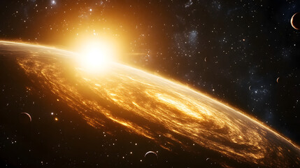 A large, bright yellow sun is shining on a large, round planet. The planet is surrounded by a vast, dark space with many stars and a few other planets. The scene is peaceful and serene