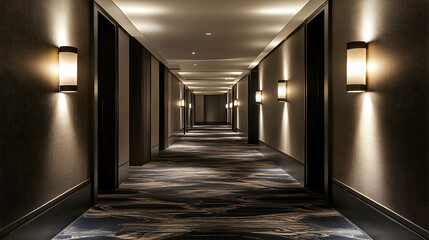 The peaceful corridor of the hotel is adorned with subtle modern lighting that casts a warm glow on the dark walls and plush carpet, instilling a sense of calm and luxury.