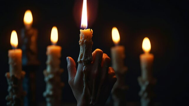 a burning candle held in a skeletal hand, symbolizing the fragility of life and the passing of time. creating eerie visuals of death and light in the darkness.