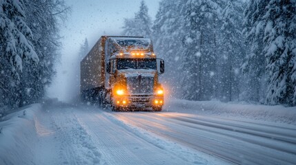 A large truck makes its way down a snow-covered road, battling heavy snowfall and reduced visibility in a wintry landscape surrounded by tall trees.