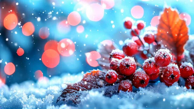 Winter wonderland with snow, berries, and twinkling lights in a serene landscape