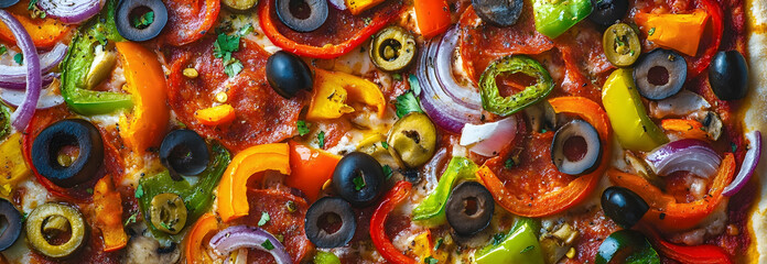 Fototapeta premium A vibrant vegetable pizza loaded with colorful toppings like bell peppers, onions, olives, and mushrooms on a whole wheat crust. -
