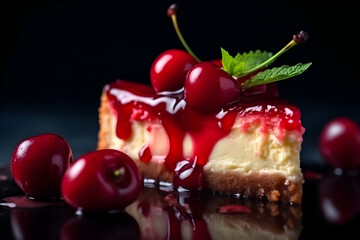 Delicious cherry cheesecake slice adorned with fresh cherries and mint on dark background
